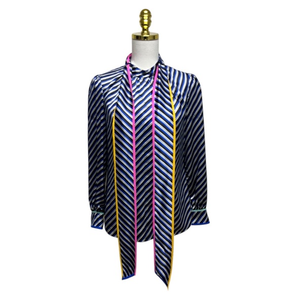 Tory Burch Silk Blue Striped Tie Neck long Sleeves Blouse Size 6 - Picture 5 of 16